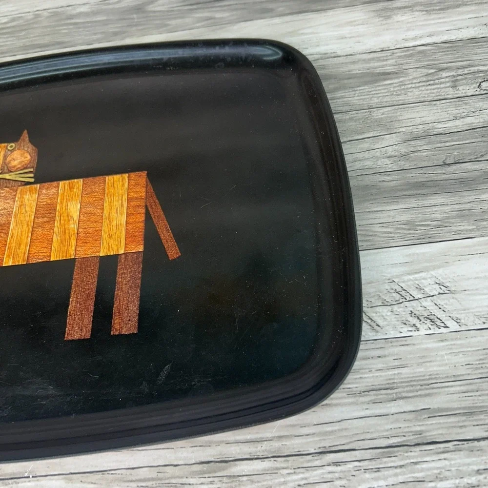 Couroc Of Monterey Serving Tray Hand Inlaid Wood Cat Vintage MCM